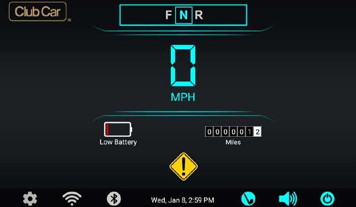 golf cart connected car screen with battery status, speed, and mileage